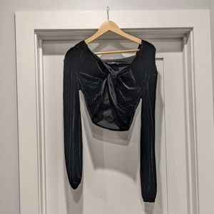 Hooded Black Long Sleeve Crop Top with cute front twist